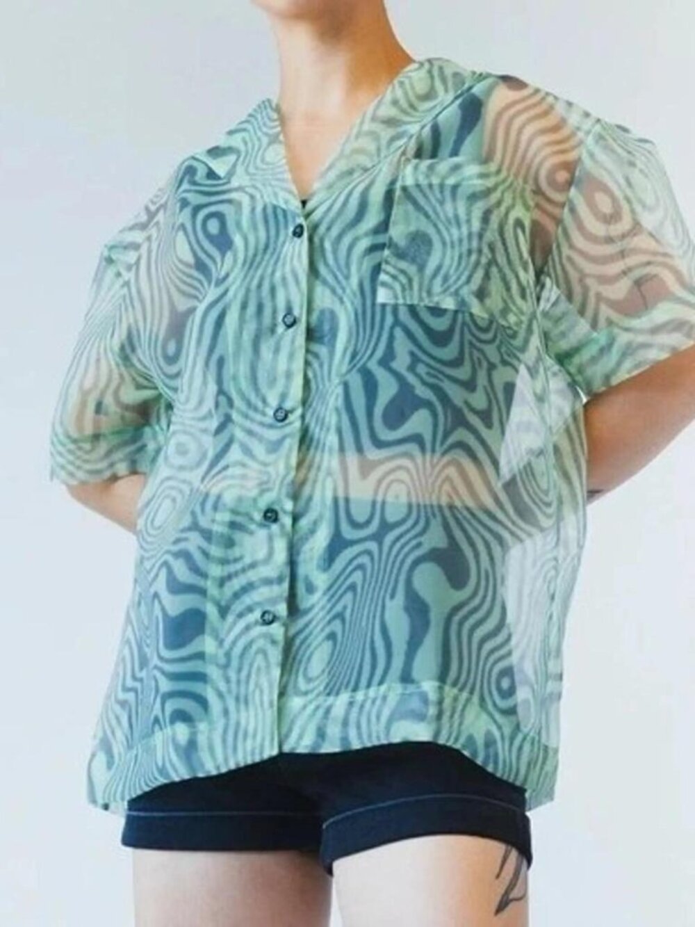 Dolls Kill Ragged Priest Green Swirl Organza Shirt Size Small Button up